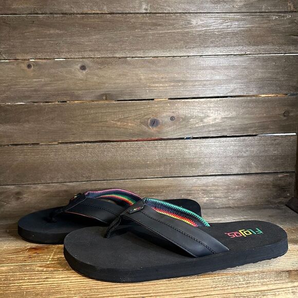 Womens Flojos Bandera Rasta Black Comfort Foam Casual Beach Flip Flops Size 11 M - Picture 2 of 5